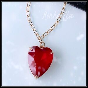 NEW 14K GOLD RED HEART TRANSLUCENT CRYSTAL PENDANT NECKLACE